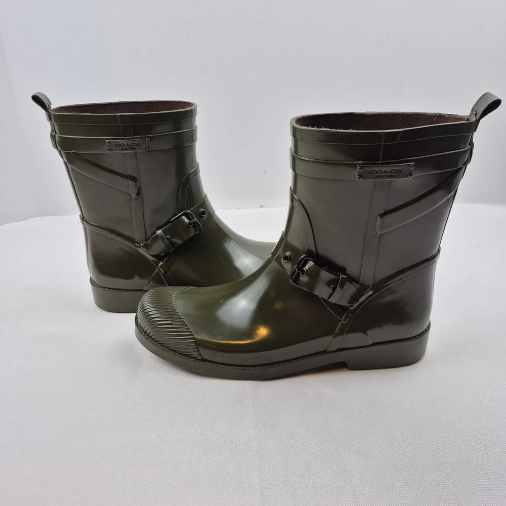 Coach Lester Olive Green Rubber Rain Boots Mid Calf Buckle EU 40 US 9